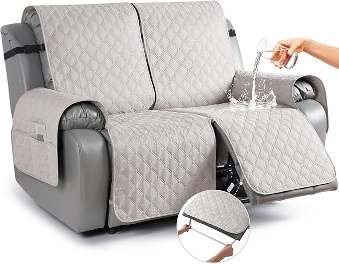 TAOCOCO Loveseat Recliner Cover, 1-Piece Waterproof, Off White, 2 Seater, Soft & Comfortable, Leg Straps, Washable, Couch Protector for Dogs Kids