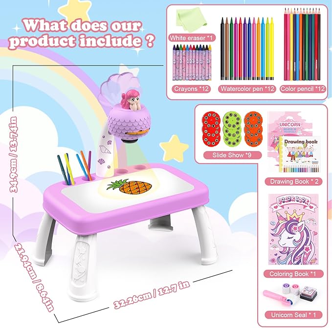 Drawing Projector for Kids,Arts and Crafts for Kids,Include Drawing Board,Crayons,Coloring Book,Stickers etc,Kids Toys for Age 3-5 Year Old Girls Christmas & Birthday Gifts (Mermaid Drawing Kit)