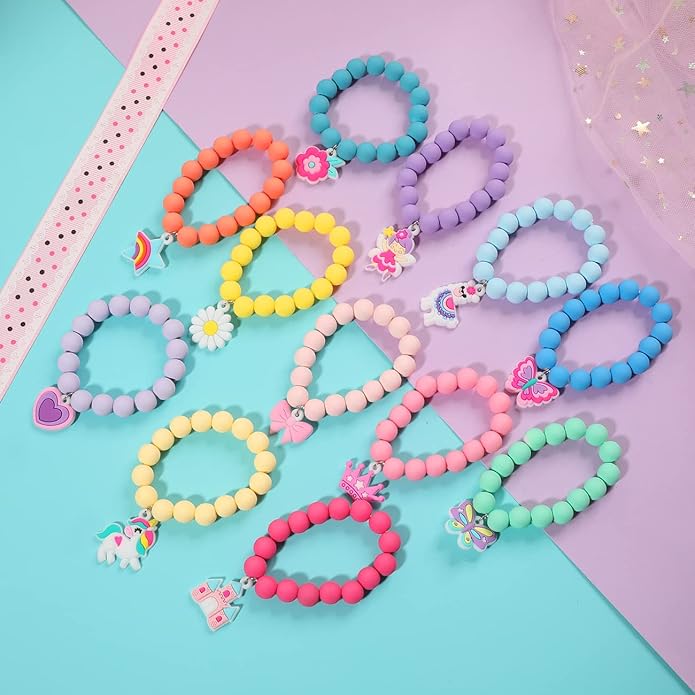 PinkSheep Unicorn Beads Pendant Bracelet for Kid Girl, 6PC, Rainbow Monster Sun Flower Heart Meteor Charm Friendship Bracelet Good Friend Gift