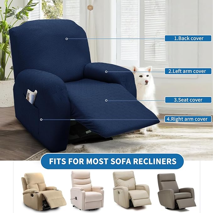 XINEAGE 4 Pieces Recliner Cover Stretch Jacquard Recliner Chair Covers Soft Recliner Slipcovers with Pocket for Kids and Pets, Washable Couch Cover (Recliner, Navy Blue)