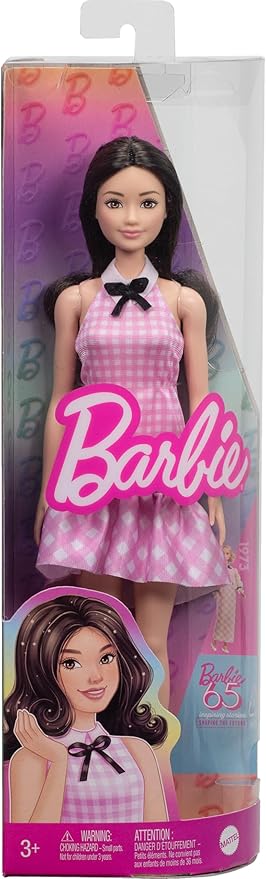 Barbie Fashionistas Doll #224 with Black Wavy Hair, Pink Gingham Dress & Accessories, 65th Anniversary Collectible Toy
