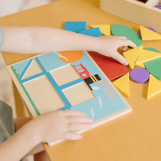 Melissa & Doug Beginner Wooden Pattern Blocks Educational Toy, 5 Double-Sided Scenes and 30 Shapes, 10.65” H x 10.65” W x 2.3” L (Beginning Skills and Activities)
