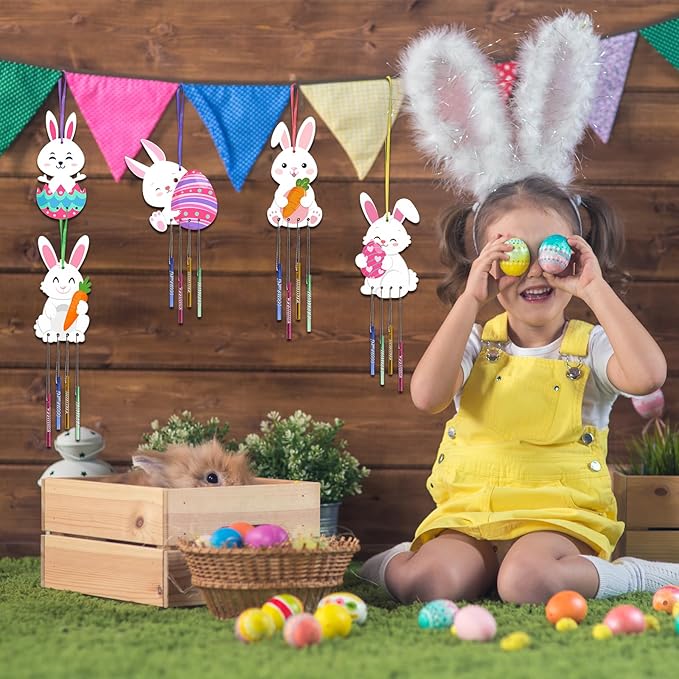 Fennoral 24 Pack Bunny Wind Chime Kit for Kids Make You Own Easter Rabbit Wind Chimes DIY Coloring Wooden Easter Craft for Girls Boys for Easter Hanging Ornaments Easter Party Decoration