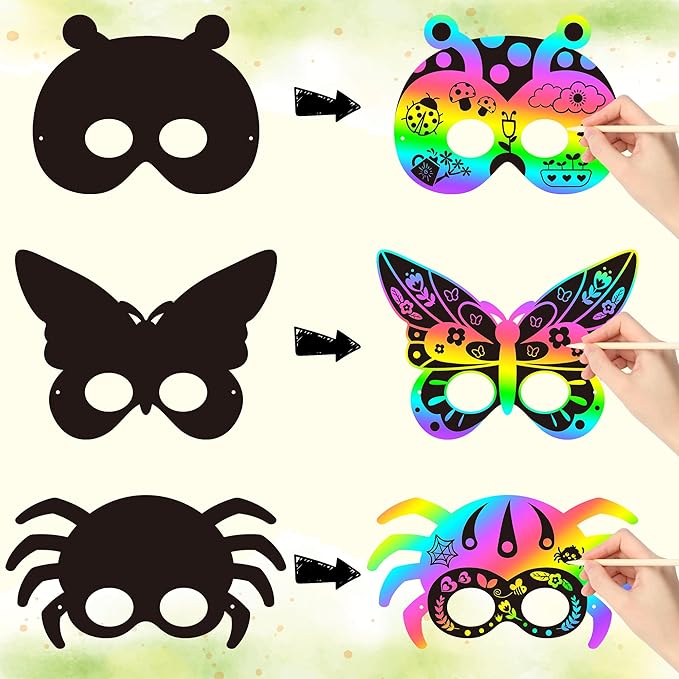 CY2SIDE 30PCS Insects Scratch Masks for Kids Spring Insects Color Scratch Masks for Kids Bugs Party Favors DIY Butterfly Bees Face Magic Art Rainbow Color Paper Craft Kits for Classroom Art Project