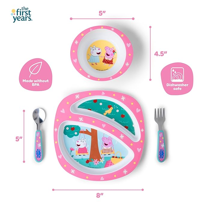 The First Years Peppa Pig Toddler Dinnerware Set - Includes Toddler Plate, Divided Bowl, and Toddler Utensils - Dishwasher Safe Toddler Feeding Supplies Made Without BPA - 4 Count