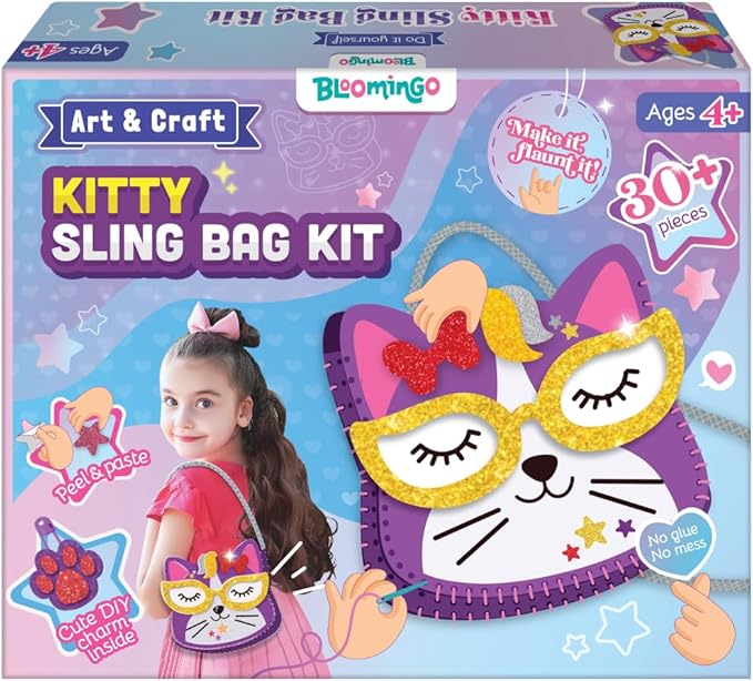 Bloomingo Art & Craft Kit - Kitty Sling Bag: Fun Mess Free Arts & Craft Kit for Kids; Design Your Own Cute DIY Craft Bag; Birthday Gift for Girls and Boys of Multicolor