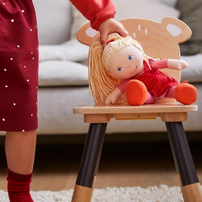 HABA 12" Soft Baby Doll Annelie with Blonde Hair, Embroidered Face, Removable Red Dress and Matching Hairband - Washable Toddler Doll for 18 Months+