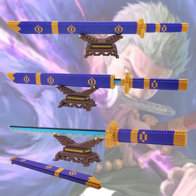 Cosplay Anime ONE Piece Zoro Swords Building Blocks Set, 22.8in Samurai Katana Zoro Sword Building Blocks with Scabbard & Stand, Cartoon Roronoa Yamato Sword Model