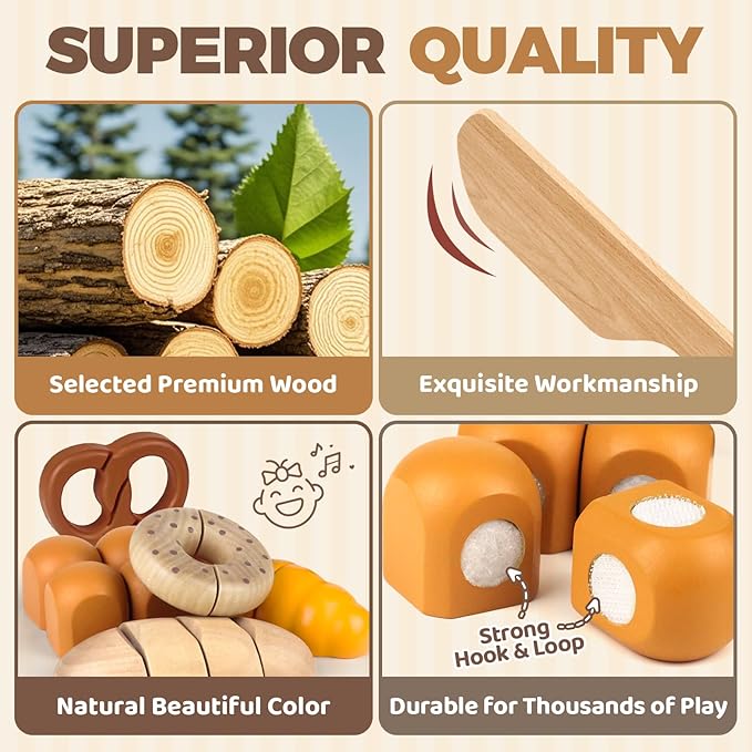 Wooden Play Food Bakery Toy Sets for Kids Kitchen Grocery Pretend Fake Food Accessories Playsets for Kids Ages 4-8 Birthday Gift for Boys Girls Educational Toys