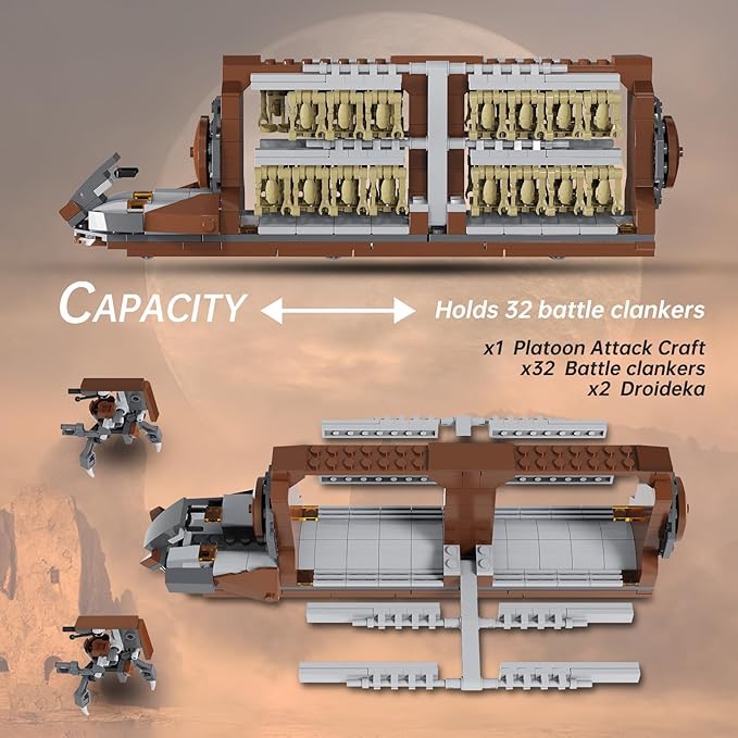 Battle Army Clone Platoon Attack Craft Building Kit 32-Piece, Battle Soldiers Troop Carrier with 2 Droidekas, Building Blocks Action Figures Army Toys for Kids 6-12