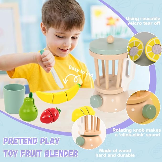 Wooden Blender Toys Play Kitchen Set for Kids-Fruit Juicer Maker Toy,Pretend Cutting Fruits Toys Mixer Food Play Kitchen Accessories for Kids,Toy Blender for Kids 3+ Years Old（Wood Fruit Blender）