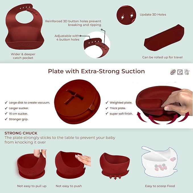 Silicone Baby Feeding Set - BPA-Free - Baby Led Weaning Supplies, Complete Kit toddler eating essentials – Empower Your Little One's Independence with LimOr's baby essentials 6-12 months (Red-Wine)
