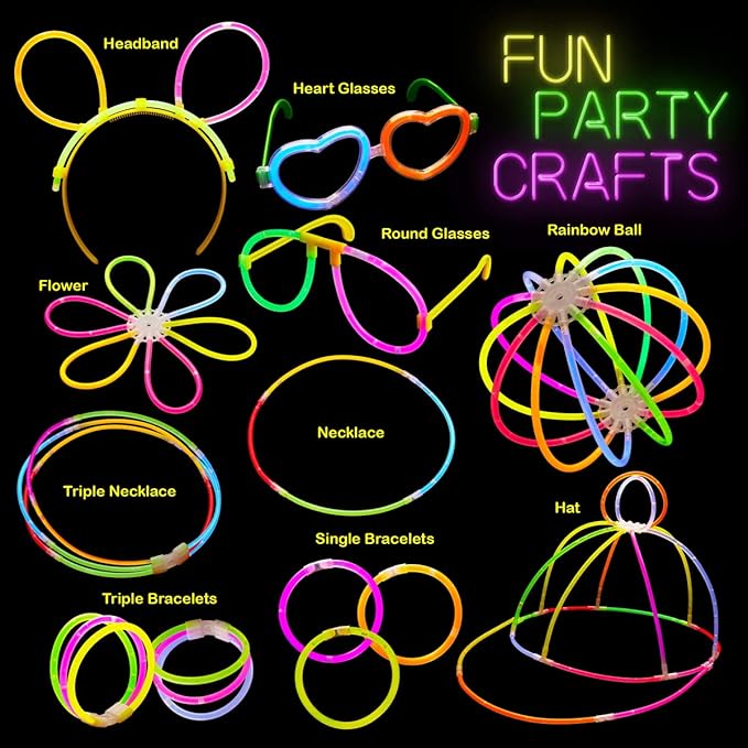Dragon Too Glow in The Dark Party Supplies - 605 Pieces - Includes Connectors to Create Necklaces, Bracelets, Glasses, Heart Glasses, Hats, Headbands, Balls, Flowers - Glow in The Dark Party Favors