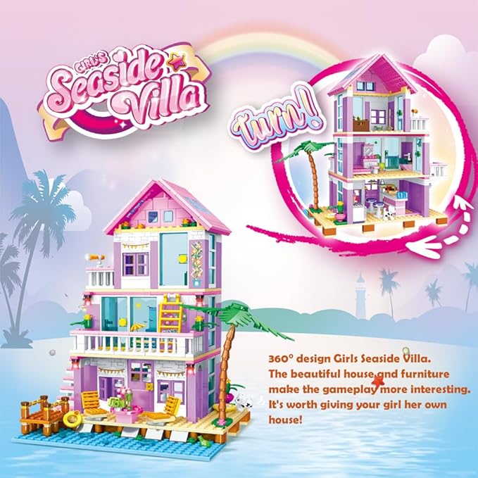 Seaside Villa Building Set 573 Pieces Toys for Girls Building Blocks House Toys Beach Villa Construction Toys Holiday Cottage Building Bricks Toys for Girls Age 6+