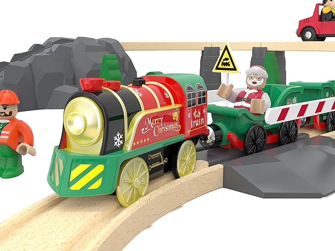Electric Train Set for Wooden Tracks, Battery Powered Trains Toy with Lights & Sounds for Toddlers, Motorized Train for Kids Compatible with Thomas & Friends, Brio, Chuggington