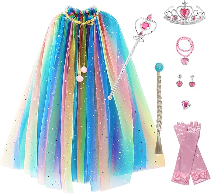 Princess Cape Set Dress Up Accessories Party Cosplay Cloak Costumes with Tiara Crown Wand Wig Golves for Little Girls