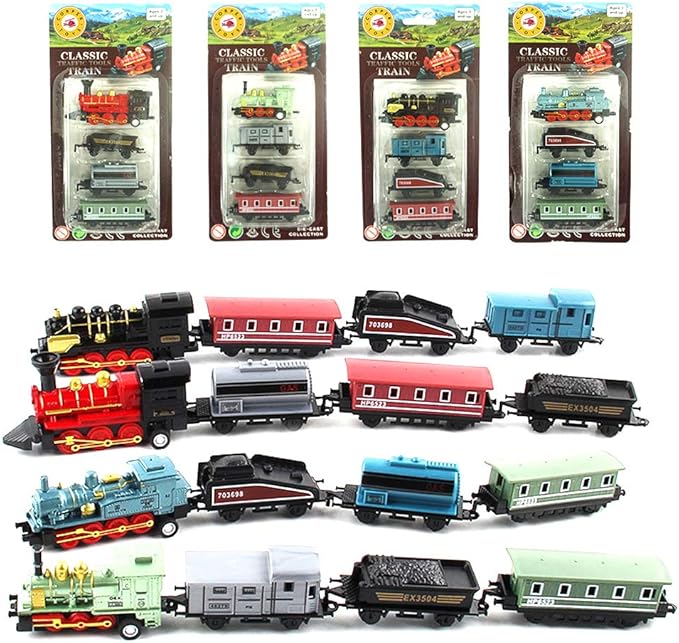 CORPER TOYS Mini Train Toy Die-Cast Pull Back Steam Train Model Set Assorted Styles for Kids Boys - 4 Packs (16 Pieces)