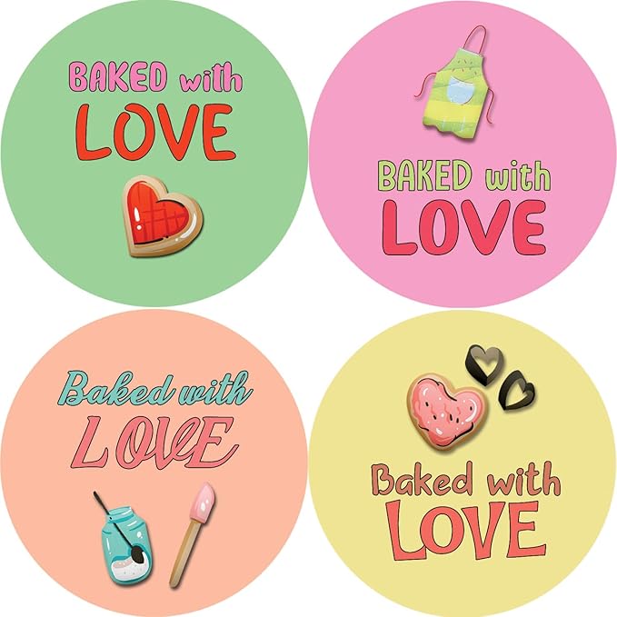 Creanoso Baked with Love Stickers (10-Sheet) - Stocking Stuffers Gift Ideas for Family, Relatives and Friends - 16 Assorted and Colorful Designs - Awesome Idea for Party Favors and Giveaways