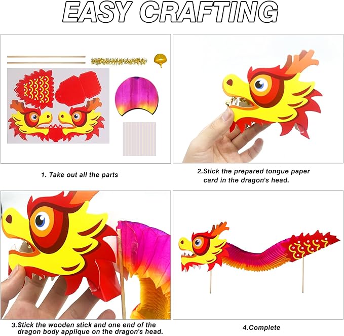 2 Pack Chinese New Year Paper Dragon Decorations, Chinese Paper Handheld Dancing Dragon Toy, DIY 3D Chinese Paper Dragon Garland for Spring Festival Party Supplies
