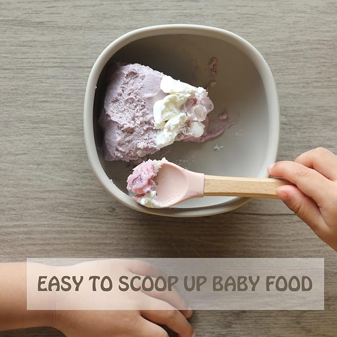 Ginbear Silicone Baby Spoon and Fork Self-feeding, Baby Flatware Sets for Girl, Toddler Feeding Utensils for Child 6 Months+ (Mauve/Pink)