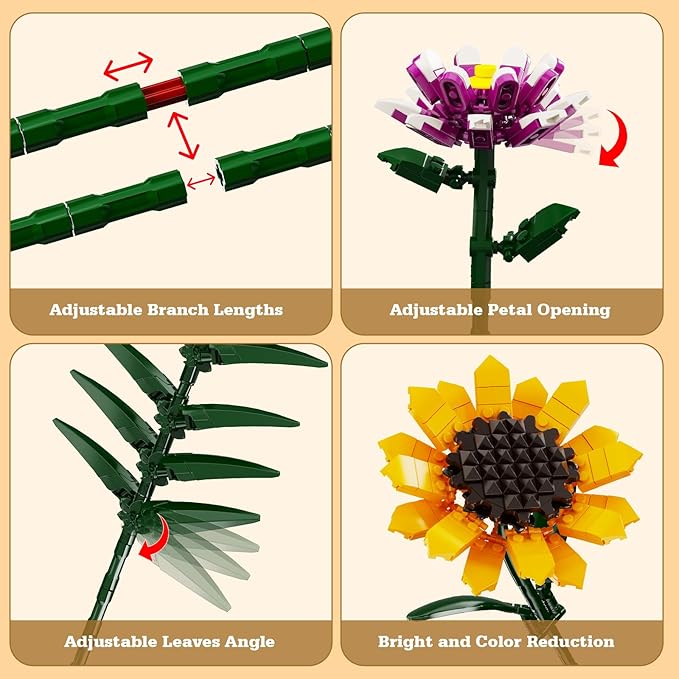 Flower Bouquet Building Set, Sunflower Botanical Collection Blocks Kit Compatible with Lego for Adults Women and Teens Girls 8+ Valentines Day Artificial Flower Decor (1161PCS)