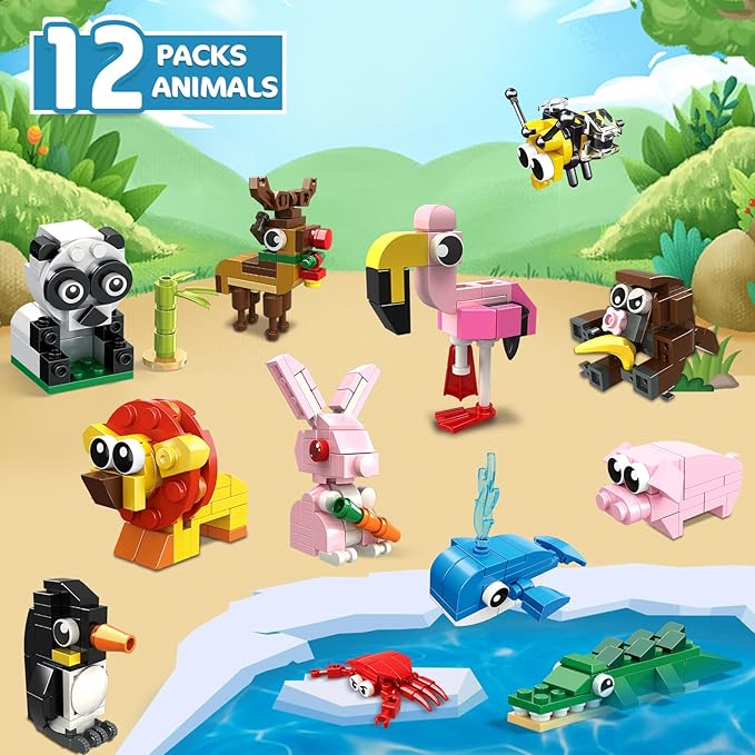 HOGOKIDS Party Favors for Kids - 12 Pack Animals Building Blocks Toy for Easter Gifts Goodie Bags Classroom Prizes Stocking Stuffers Building Set Valentines Day Birthday Gift for Boy Girl Ages 6-12+