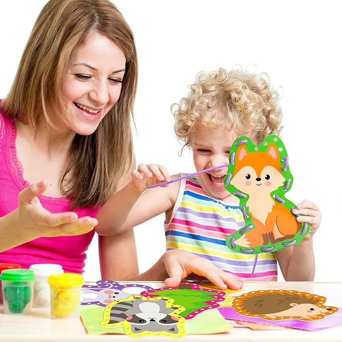 Omlisca Woodland Animals Lacing Cards 12 Pack Forest Animals Sewing Cards Owl Fox Bear Woodland Theme Party Decor Arts and Crafts Gifts for Kids Toddler Preschool Developing Imagination Supplies