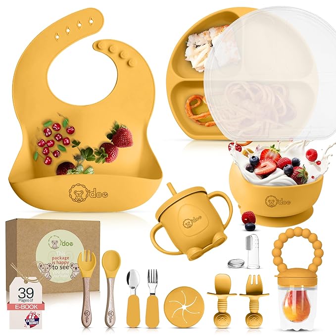 O'doe 17-Piece BPA-Free Silicone Baby Feeding Set | Thick & Soft Suction Plates, Baby Bowls, Wooden Fork & Spoon, and More | Make Mealtime Fun and Easy for Your Little One (Yellow, V2)