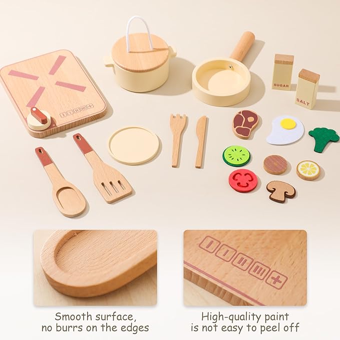 OESSUF Kitchen Set for Kids Wooden Play Kitchen Accessories Toddler Pretend Baking Cooking Playset, Cookware Utensils Learning Toys with Play Pots and Pans, Montessori Toy Gift Sets for Kids