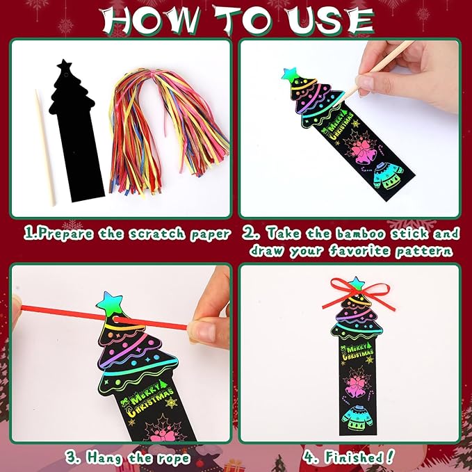 JUNEBRUSHS 30Pcs Christmas Scratch Bookmarks, Rainbow Magic Scratch Paper Art Christmas Tree Santa DIY Crafts Kit for Xmas Hanging Ornaments Christmas Party Favors Gifts