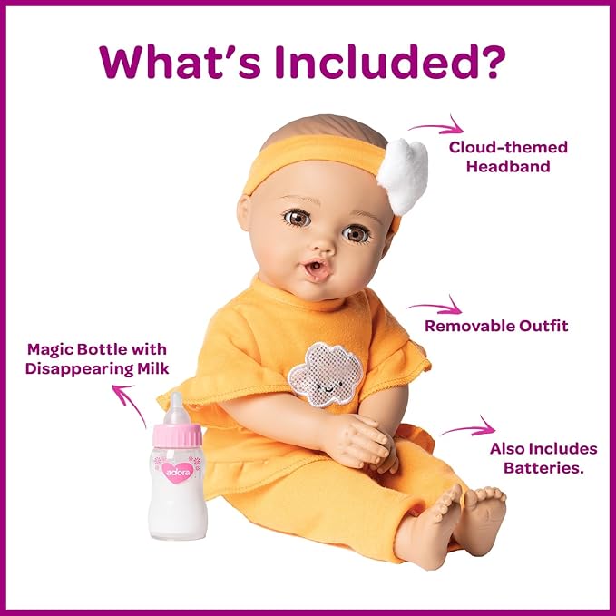 Adora Nurture Time Babies Collection, 13" Baby Doll and Clothes Set with 3 Touch Activated Features Includes Removable Cloud Patterned Outfit, Doll Bottle, Birthday Gift For Ages 1+ - Sweet Orange