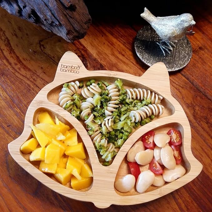 Bamboo Baby Plate with Suction - Kids and Toddler Suction Cup Plate for Babies, Non-toxic All-Natural Bamboo Baby Food Plate Stays Cool to the Touch for Baby-Led Weaning (Fox-Cherry)