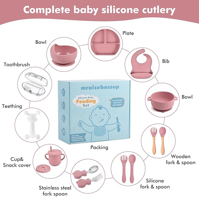Silicone Baby Feeding Set 15 Pcs，Baby Spoons Suction Bowl Divided Plate Bib Cup Finger Brush Teething Teether，Baby Led Weaning Supplies,Baby & Toddler Silicone Plates and Bowls Dining Set（pink）
