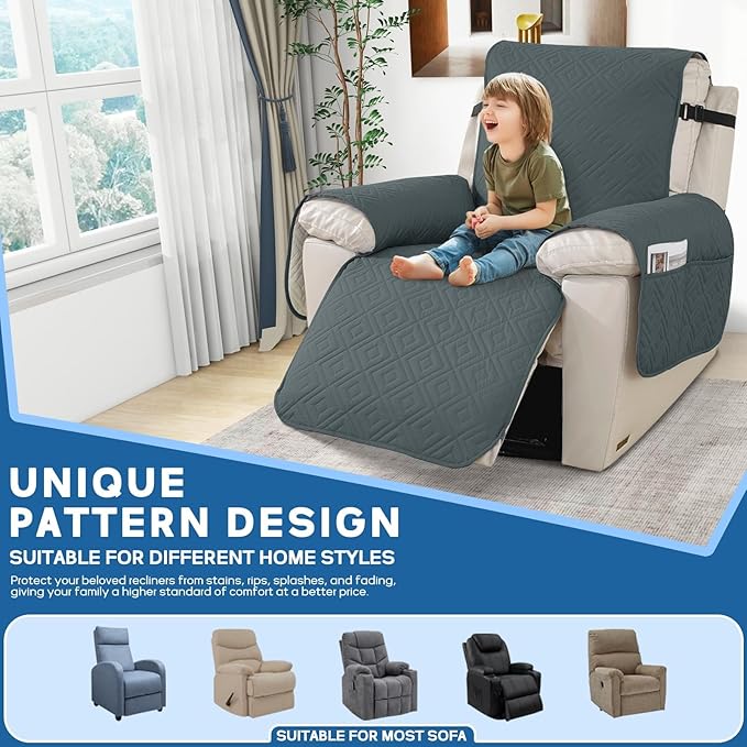 XINEAGE 100% Waterproof Recliner Cover, Non Slip Recliner Chair Cover with Elastic Band, Washable Recliner Slipcover with Storage Pockets for Kids, Pets (Dark Grey, 25")