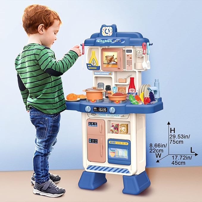deAO Kids Kitchen Playset 35PCS Play Kitchen Toys Accessories with Sounds Lights,Cooking Stove Steam,Pretend Play for Toddler Aged 3 4 5 6 7 8 Years (Blue)