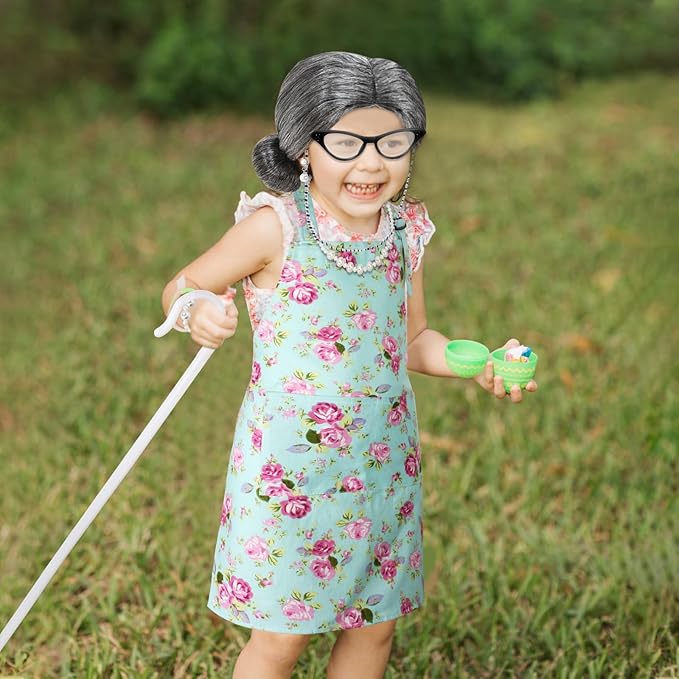 Kyson Girls Old Lady Costume for Kids 9 Pcs 100th Days of School Granny Wig Apron Outfit Halloween Dress Up Accessories