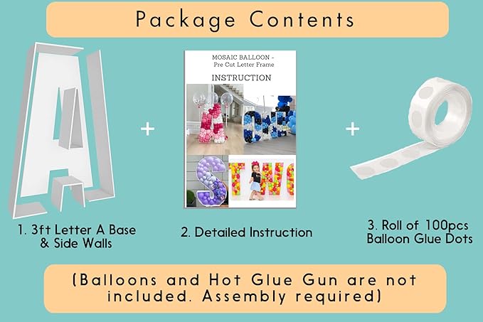 JW Passion - Premium Quality Made 3FT Tall Mosaic Balloon Frame Big Marquee Light Up Letters DIY Kit for Birthday Party Wedding Backdrop Decor Letter A Pre-Cut Foam Board