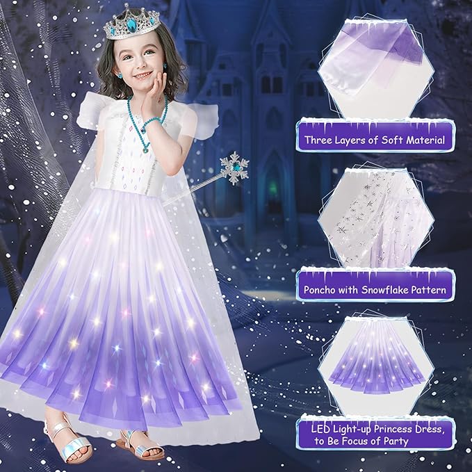 Princess Dresses for Girls, Light Up Princess Dress Up Cloths for Girls, Frozen Costumes for Girls Christmas