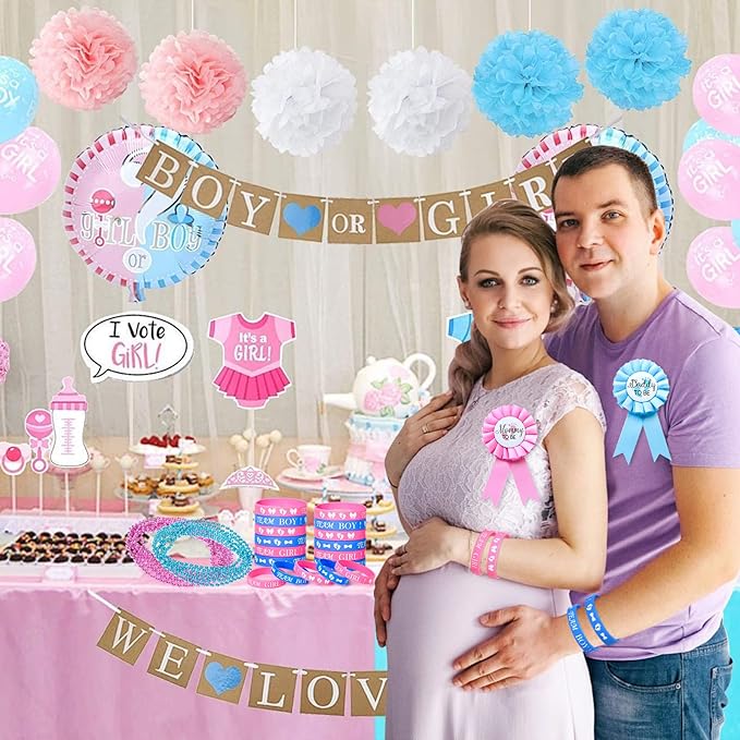 Winrayk Baby Gender Reveal Party Favors Supplies Boy or Girl Gender Reveal Ideas Badge Pin Button Pin Silicone Bracelet Photo Prop Necklace 104Pcs Baby Shower Favors Pink Blue Gender Reveal Decor Game