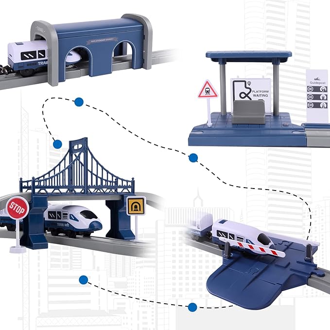 Train Sets for Boys 4-7, 66 Pcs Battery Operated Train Set with Tracks(Magnetic Connection), Compatible with Thomas, Brio, Chuggington, Gifts for 3 4 5 6 Years Old (City)