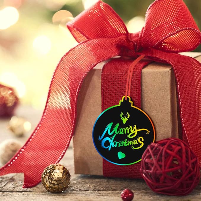 ORIENTAL CHERRY Christmas Scratch Crafts Arts, 48 DIY Rainbow Scratch Art Bulk Cards, Rainbow Scratch Paper Supplies Toys for 3-12Years Old Kids Favord Gift for Christmas Party Games Projects Kits