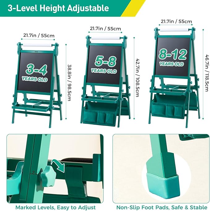 FUNLIO Foldable Anti-Warping Kids Art Easel, 3 Height Adjustable Toddler Easel, All-in-One for Kids Aged 3-8 with Paper Roll, Standing Easel with Magnetic Chalkboard/Whiteboard - Viridian Foldable