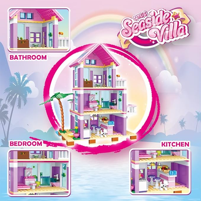 Seaside Villa Building Set 573 Pieces Toys for Girls Building Blocks House Toys Beach Villa Construction Toys Holiday Cottage Building Bricks Toys for Girls Age 6+