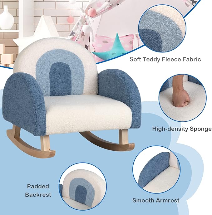Costzon Kids Blue Rocking Chair with Solid Wood Frames, Plush Fabric, Anti-Tip Design for Kids Room, Nursery, Playroom, Preschool, Birthday Gift for Boys Girls, Toddler Furniture Armchair