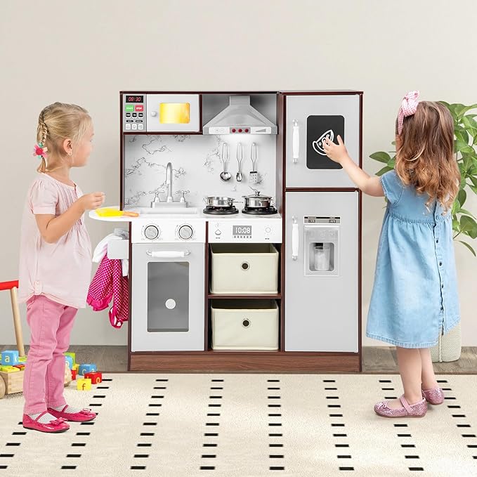 Costzon Kids Kitchen Playset, Wooden Pretend Cooking Kitchen Toy with Realistic Sounds & Light, Range Hood, Microwave, Ice Maker, Sink & Faucet, Toddler Play Kitchen, Gift for Boys & Girls 3+