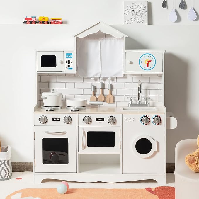 HONEY JOY Kids Kitchen Playset, 31 Inch Rooftop Wooden Play Kitchen for Toddlers, Microwave, Clock, Washing Machine, Cookware, Little Chef Pretend Play Toy Kitchen Set, Gift for Boys Girls, White
