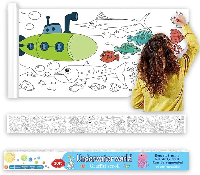 Large Size Coloring Paper Roll for Kids, Toddler Drawing Paper Roll,DIY Sticky Wall Painting Color Filling Paper,Creative Early Educational Toys for Toddlers 120 * 15 Inch (Ocean)