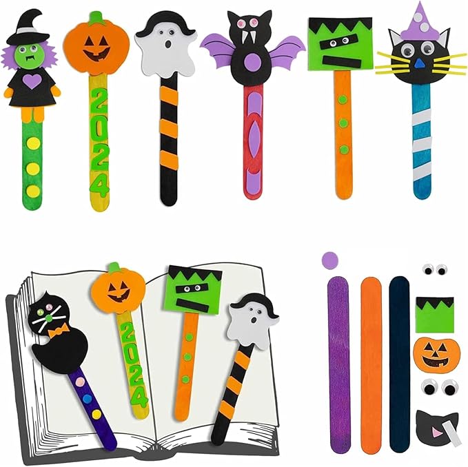 4E's Novelty Halloween Bookmark Craft for Kids 2024-12 Pack Bulk Kids Halloween Crafts Ages 4-8, 8-12 Halloween Activities for Kids Classroom Halloween Bookmarks, DIY Foam Halloween Craft Kit