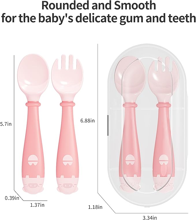 Deejoy Toddler Utensils with Travel Case, Baby Spoons and Forks Set for Self Feeding, Silicone Bendable Handle, Easy Grip Heat-Resistant, Self-feeding Flatware Sets for Kids (Stage 2) Pink
