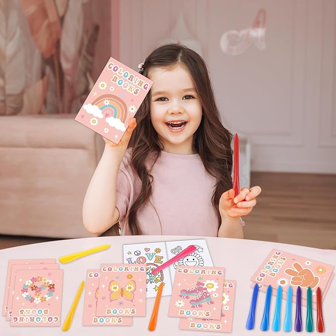 48Pcs Bulk Groovy Coloring Books with Crayons Boho Rainbow Coloring Books for Kids Hippie Bus Retro Flowers Pattern DIY Hand Drawing for Boys Girls Groovy Birthday Party Favors